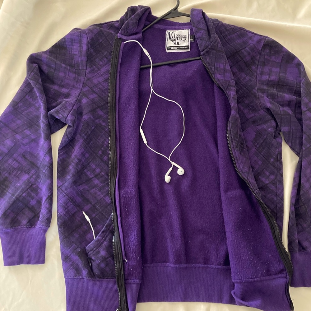 Purple Zip up Jacket with hidden earbud holder